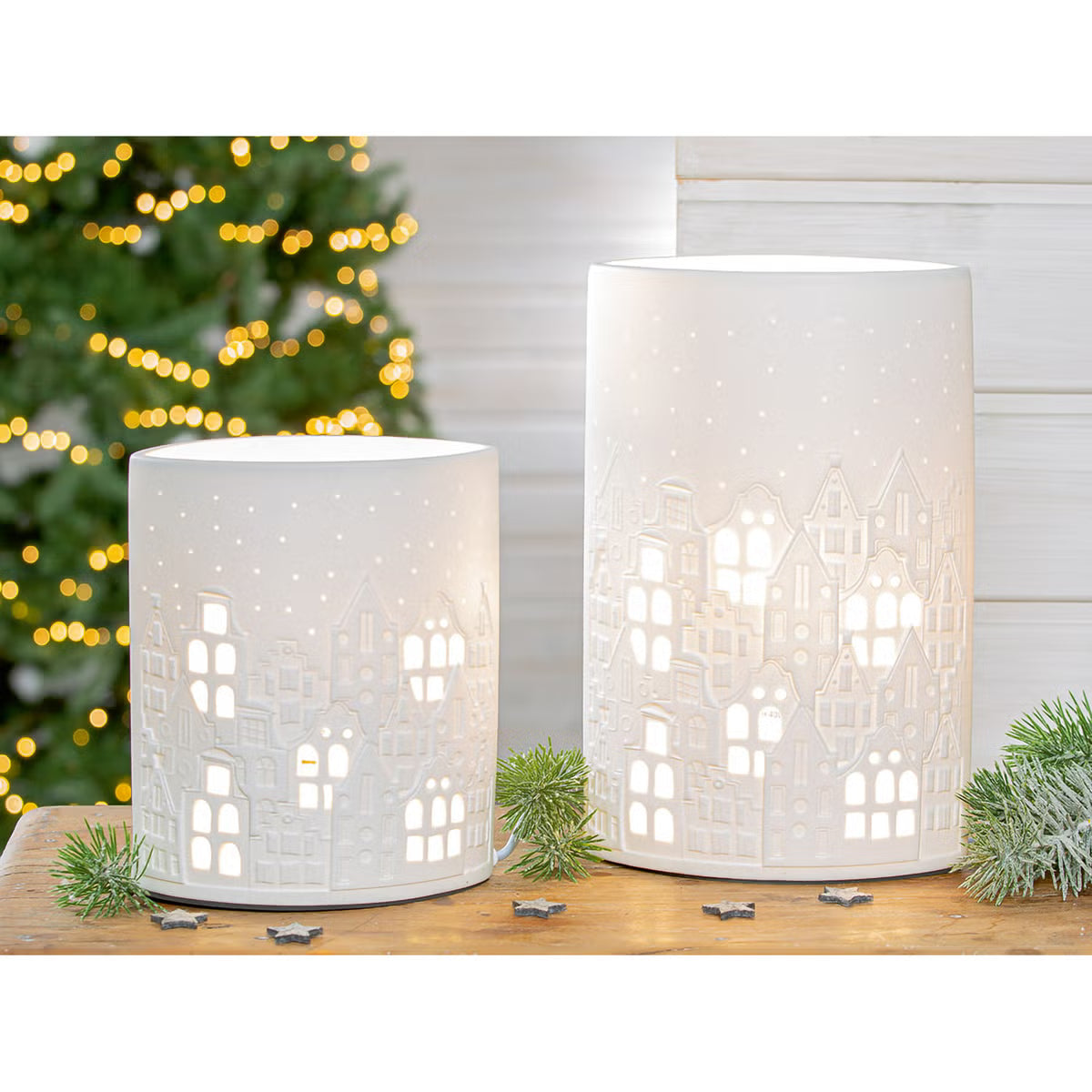 Tischleuchte „Stadtlichter“ von Gilde – Porzellanleuchte mit Hausmotiv 20 cm