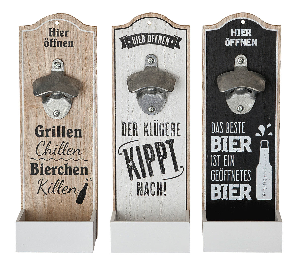 Flaschenöffner aus Holz zum Aufhängen mit Auffangschale in 3 Varianten von Gilde mit Sprüchen Bier
