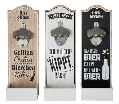 Flaschenöffner aus Holz zum Aufhängen mit Auffangschale in 3 Varianten von Gilde mit Sprüchen Bier