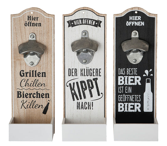 Flaschenöffner aus Holz zum Aufhängen mit Auffangschale in 3 Varianten von Gilde mit Sprüchen Bier