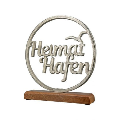 Standrelief Aufsteller Figur Heimathafen aus Mangoholz und Aluminium von Gilde mit Möwe Heimat Hafen