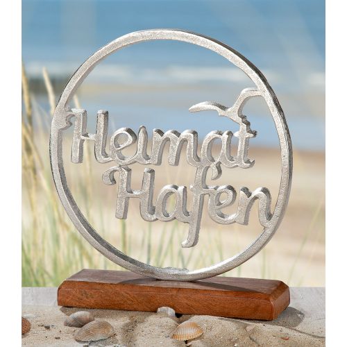 Standrelief Aufsteller Figur Heimathafen aus Mangoholz und Aluminium von Gilde mit Möwe Heimat Hafen