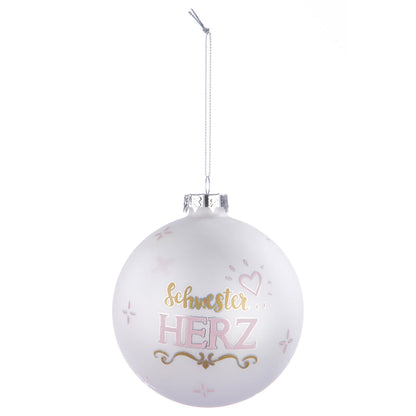 Baumkugel „Schwesterherz“ aus Glas von Gilde – Weiße Weihnachtskugel mit Schriftzug