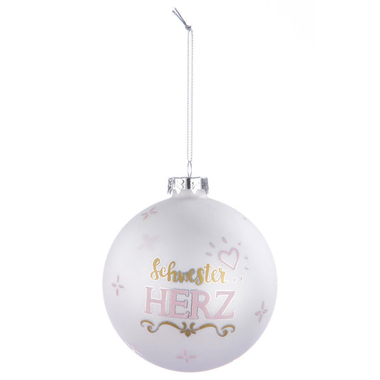 Baumkugel „Schwesterherz“ aus Glas von Gilde – Weiße Weihnachtskugel mit Schriftzug