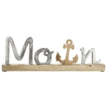 Schriftzug Schrift Aufsteller Moin mit Anker aus Mangoholz und Aluminium von Gilde - Nordisch Geschenkidee