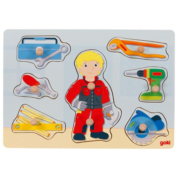 Steckpuzzle Handwerker von goki Holzpuzzle Bohrmaschine Zange Werkzeug
