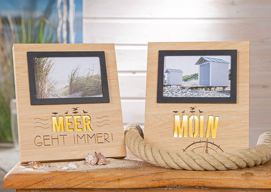 LED-Bilderrahmen aus Holz "Meer geht immer/Moin" von Gilde Maritimer beleuchteter Bilderrahmen