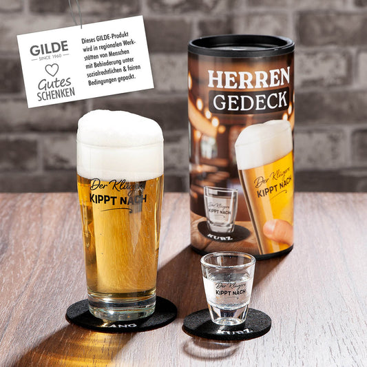 Gläserset als Geschenkidee "Der Klügere kippt nach" von Gilde - Herrengedeck Geschenkidee für den Mann Bier und Schnapsglas in Geschenkverpackung