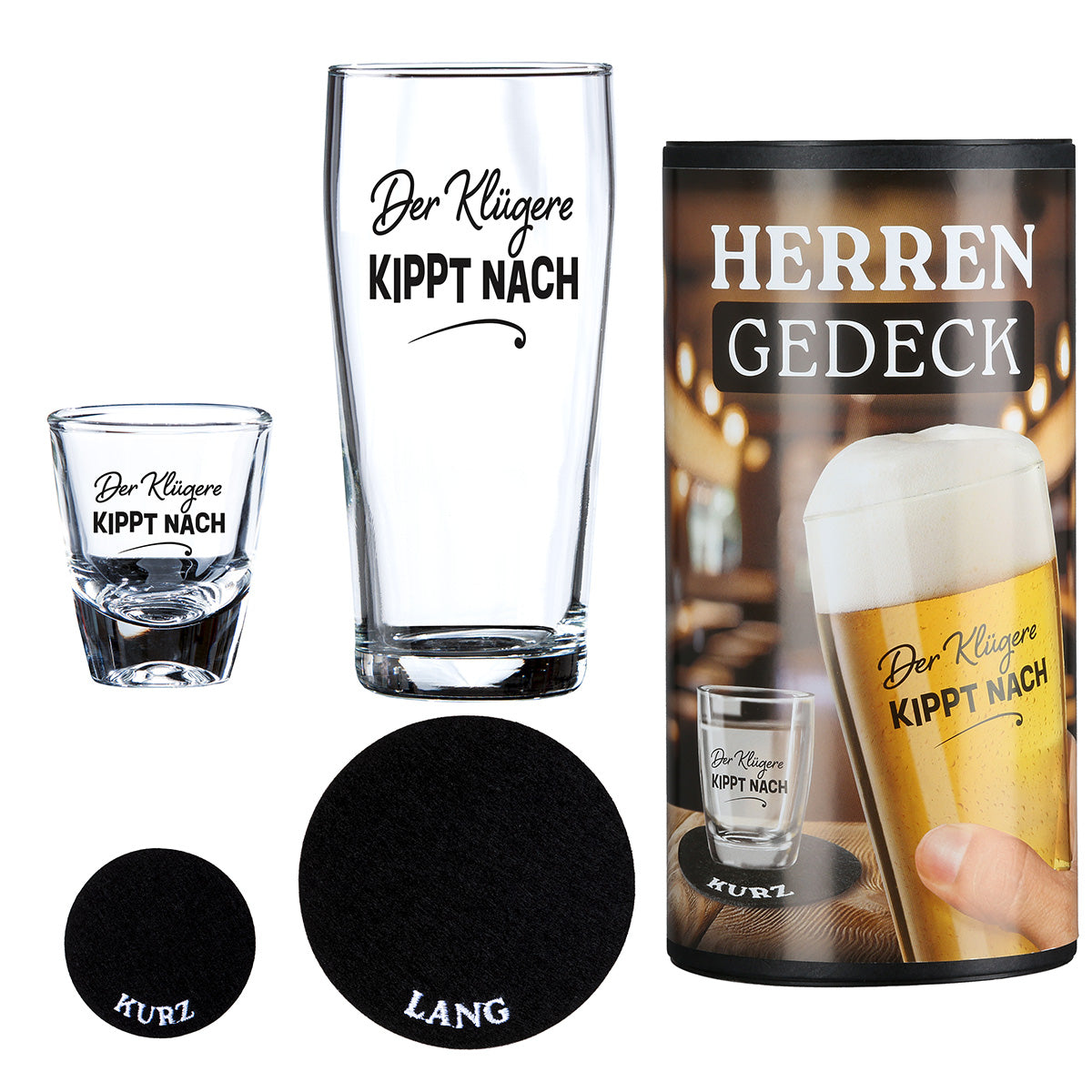 Gläserset als Geschenkidee "Der Klügere kippt nach" von Gilde - Herrengedeck Geschenkidee für den Mann Bier und Schnapsglas in Geschenkverpackung