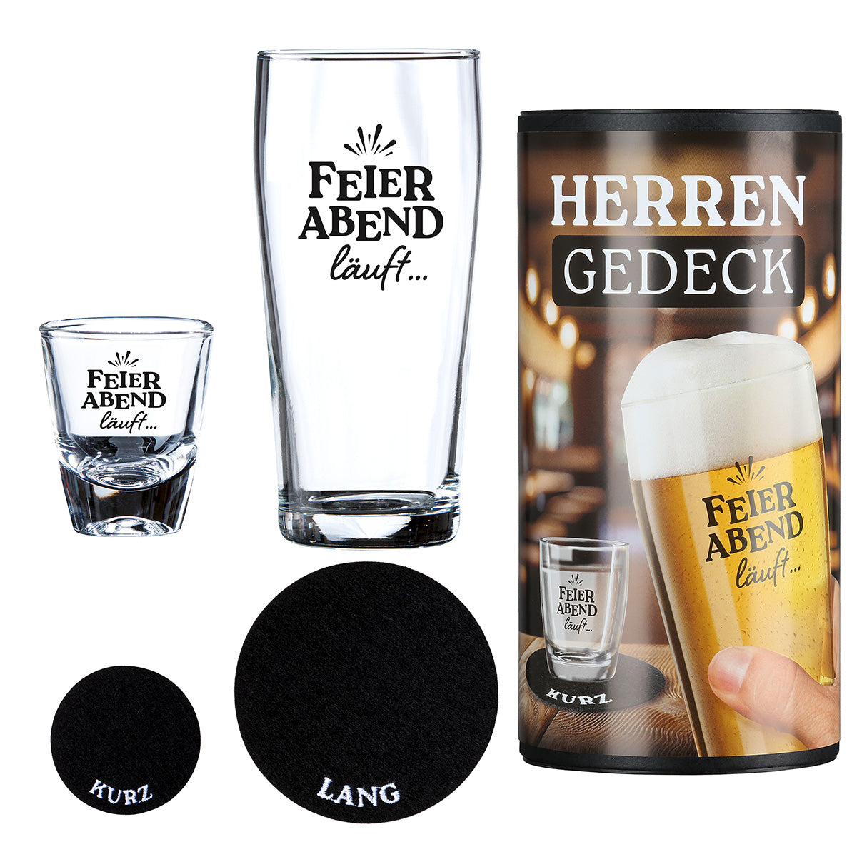 Gläserset als Geschenkidee "Feierabend läuft" von Gilde - Herrengedeck das ultimative Set zum Feierabend Schnapsglas und Bierglas in Geschenkverpackung ideales Geschenk