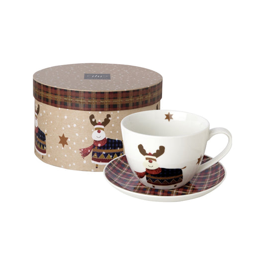 Milchkaffeetasse mit Unterteller aus Porzellan im Geschenkkarton "Rudolph" von ihr - Weihnachten Weihnachtsgeschenk