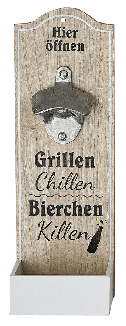 Flaschenöffner aus Holz zum Aufhängen mit Auffangschale in 3 Varianten von Gilde mit Sprüchen Bier