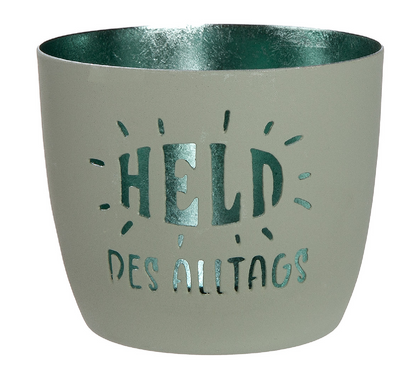 Windlicht aus Metall "Held des Alltags" in grün oder grau von Gilde