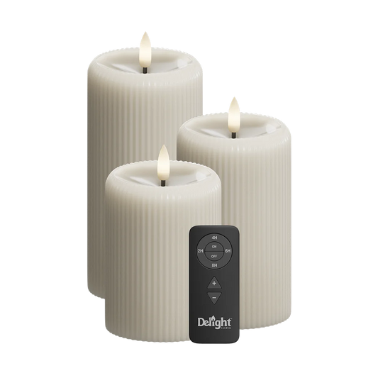 LED Stumpenkerzen „Sand Stripe“ 3er Set – Delight Candles mit Fernbedienung von Deluxe Homeart