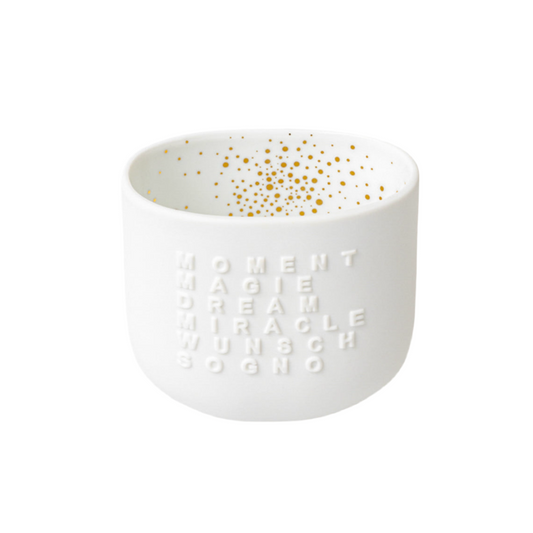 Teelichthalter aus Porzellan goldene Punkte "Moment, Magie, Dream" von räder design