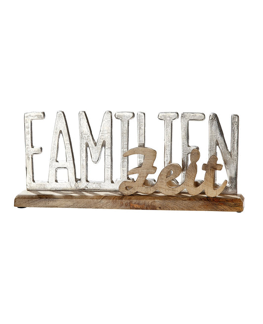 Schriftzug "Familienzeit" aus Mangoholz und Aluminium von Gilde