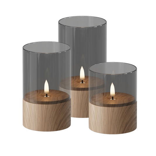 LED Glaskerzen Set aus Wachs mit Holz Optik – 3er Set Delight Candles von Deluxe Homeart