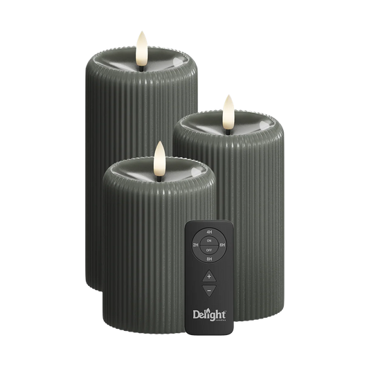 LED Stumpenkerzen „Dark Grey Stripe“ 3er Set – Delight Candles von Deluxe Homeart
