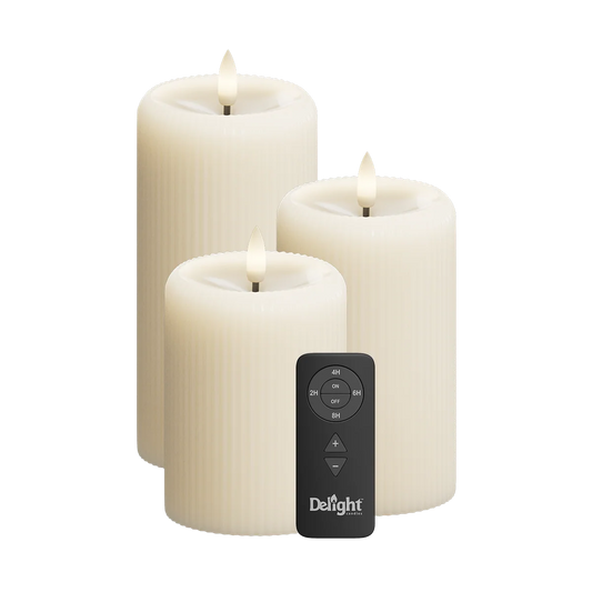LED Stumpenkerzen „Ivory Stripe“ 3er Set – Delight Candles Fernbedienung von Deluxe Homeart