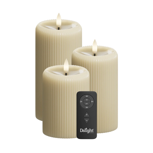 LED Stumpenkerzen „Light Caramel Stripe“ 3er Set – Delight Candles von Deluxe Homeart