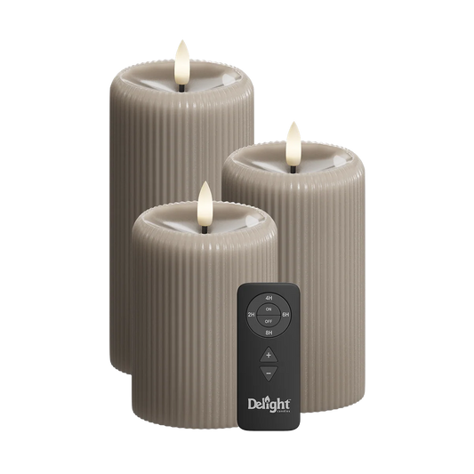 LED Stumpenkerzen Mocca Stripe 3er Set – Delight Candles mit Fernbedienung von Deluxe Homeart