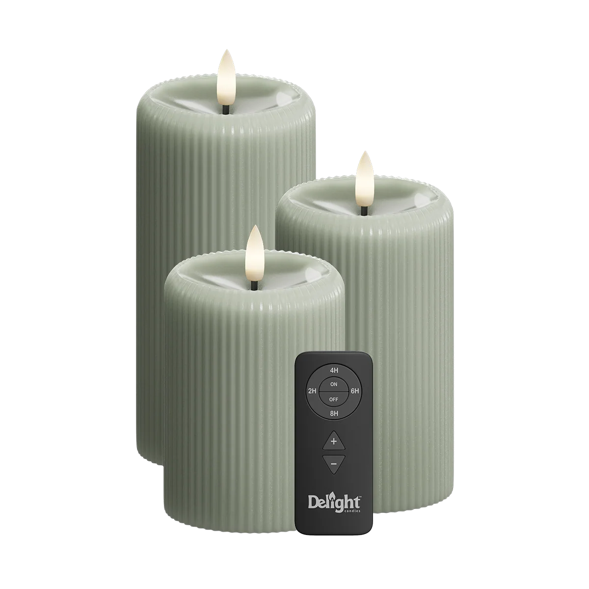 LED Stumpenkerzen „Sage Green Stripe“ 3er Set – Delight Candles von Deluxe Homeart