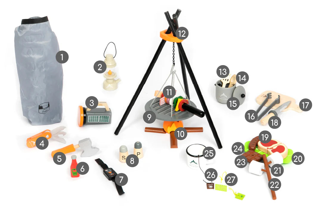 Camping Spielset aus Holz 45-teilig von UMU für kleine Camper Holzspielzeug