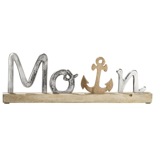 Schriftzug Schrift Aufsteller Moin mit Anker aus Mangoholz und Aluminium von Gilde - Nordisch Geschenkidee