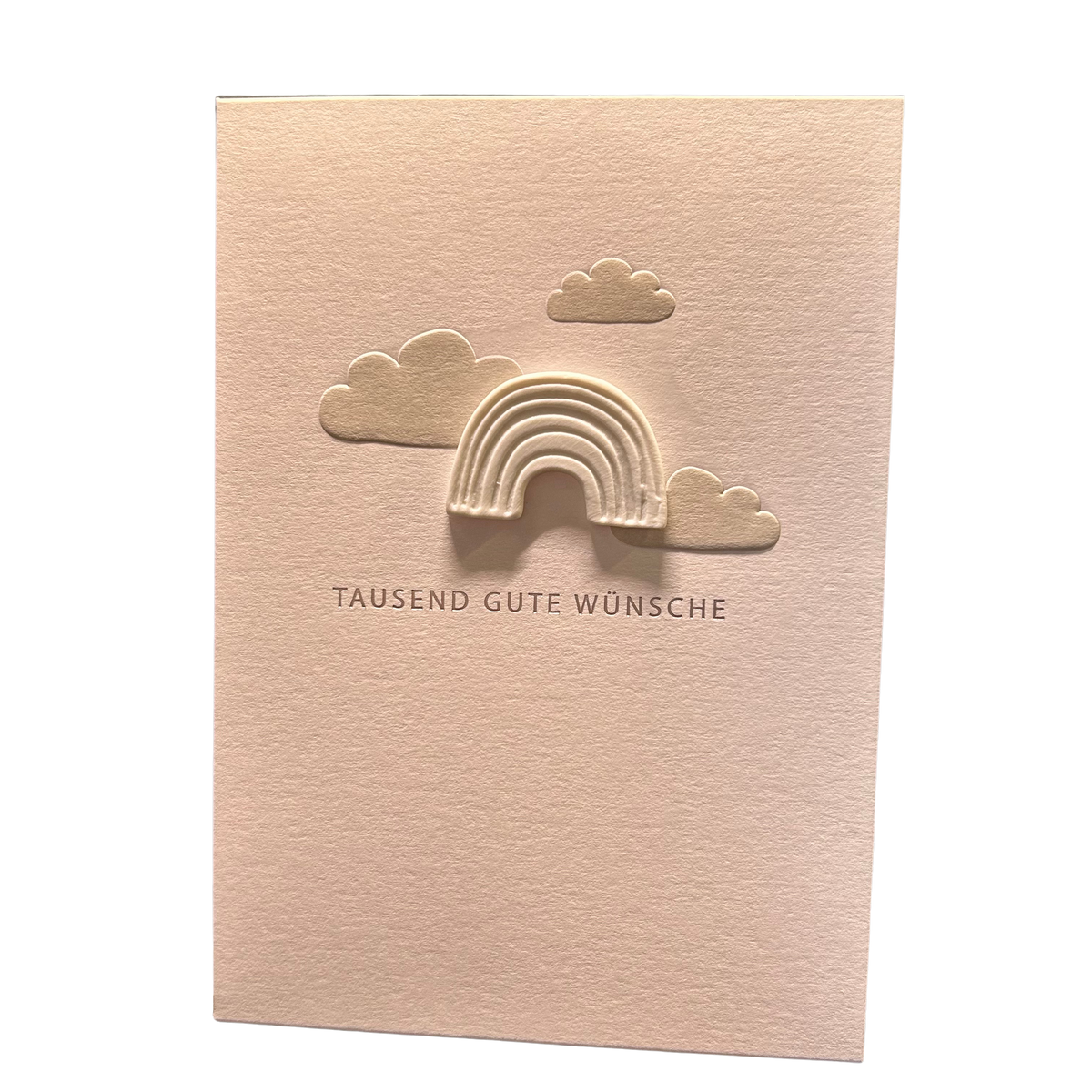 Karte zur Geburt „Tausend gute Wünsche“ mit Porzellanregenbogen und Umschlag von räder design