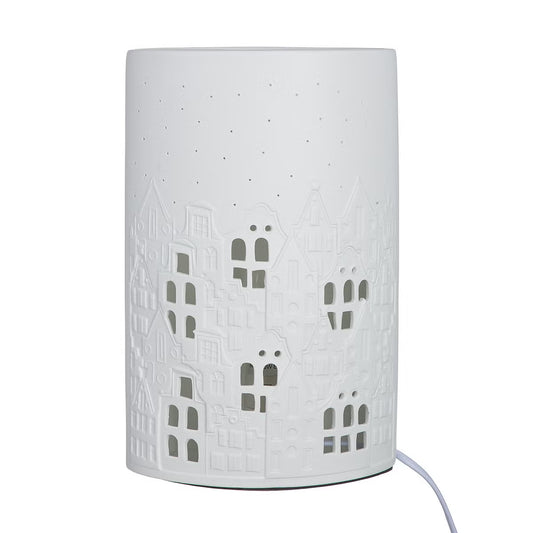 Tischleuchte „Stadtlichter“ von Gilde – Porzellanleuchte mit Hausmotiv 28 cm