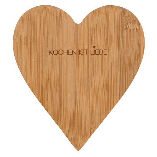 Schneidebrett aus Bambus Herzform "Kochen ist Liebe" von räder